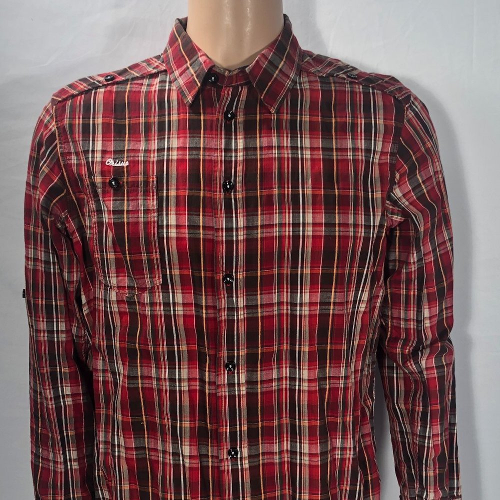Orisue plaid dress shirt with roll up sleeves red brown gold size Large fits M